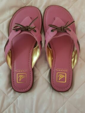 Sperry Pink Leather Slide Sandals with Brown Lace